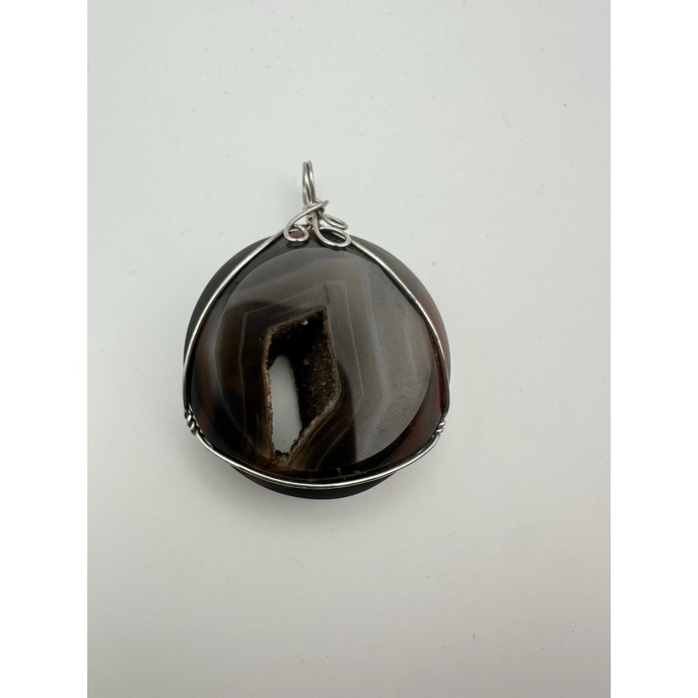 VTG Handmade Wire Wrapped Brown Agate Geode Pendant Crystal Necklace Boho Unique